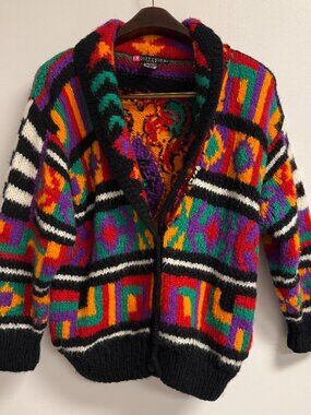 Vintage 90s Bright Print Wool Blend Chunky Oversized Cardigan Sweater Geometric